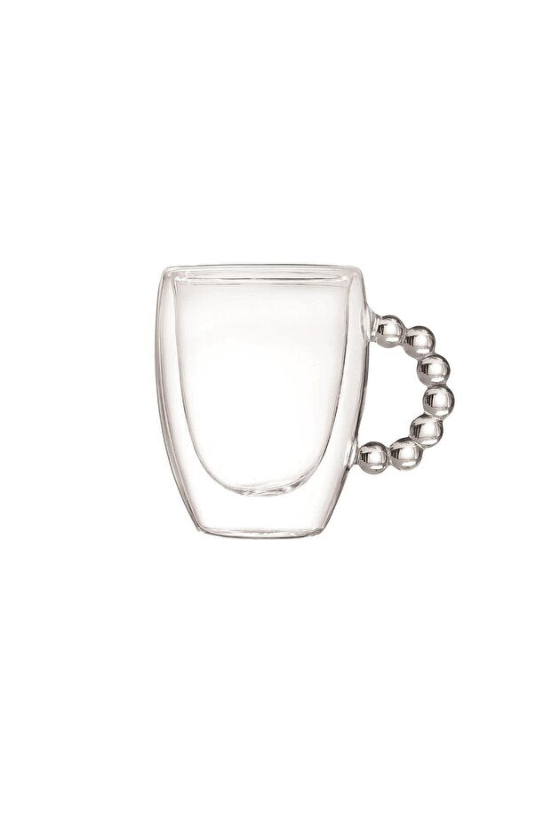 Double Wall Glass Mug with Beaded Handle - Keeps Drinks Hot/Cold, 350ml