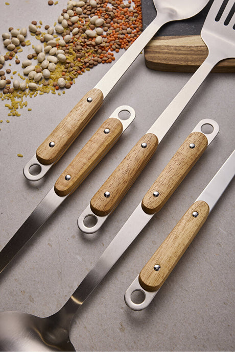 5 Piece 18/10 Stainless Steel Serving Set with Elegant Wooden Handles