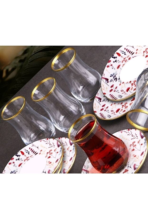 Premium Multi-Color Keramische Turkse Theeglas & Schotel Set - 6 Persoon