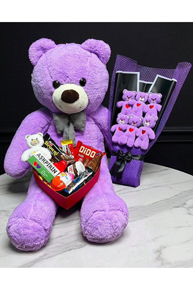90cm Purple Plush Bear Gift Set with Chocolates & Mini Bear Bouquet