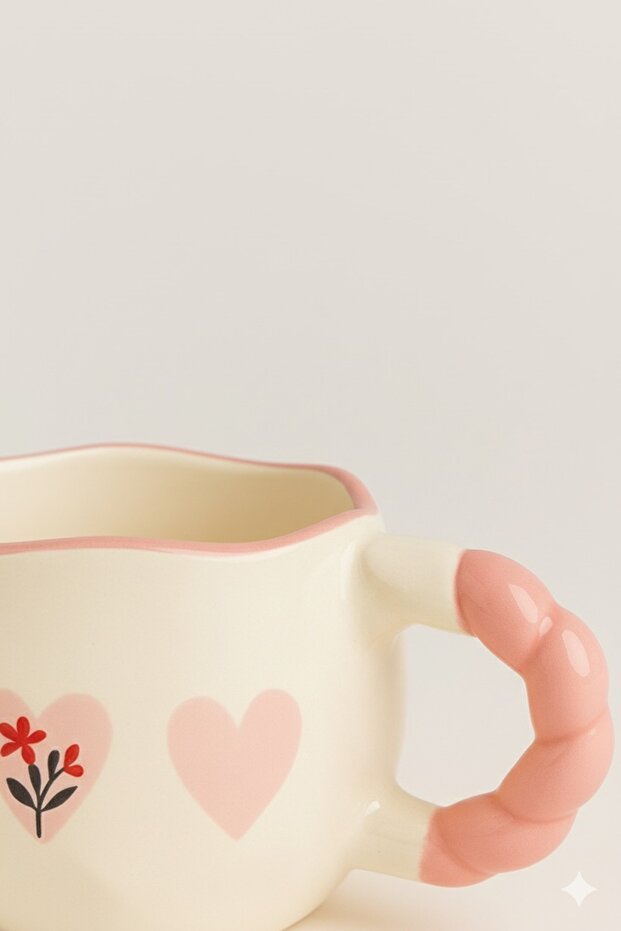 Handmade Ceramic Mug with Pink Hearts & Handle - Cream