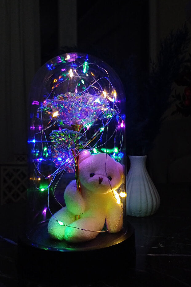 Enchanted LED Galaxy Rose & Teddy Bear Glass Dome Gift
