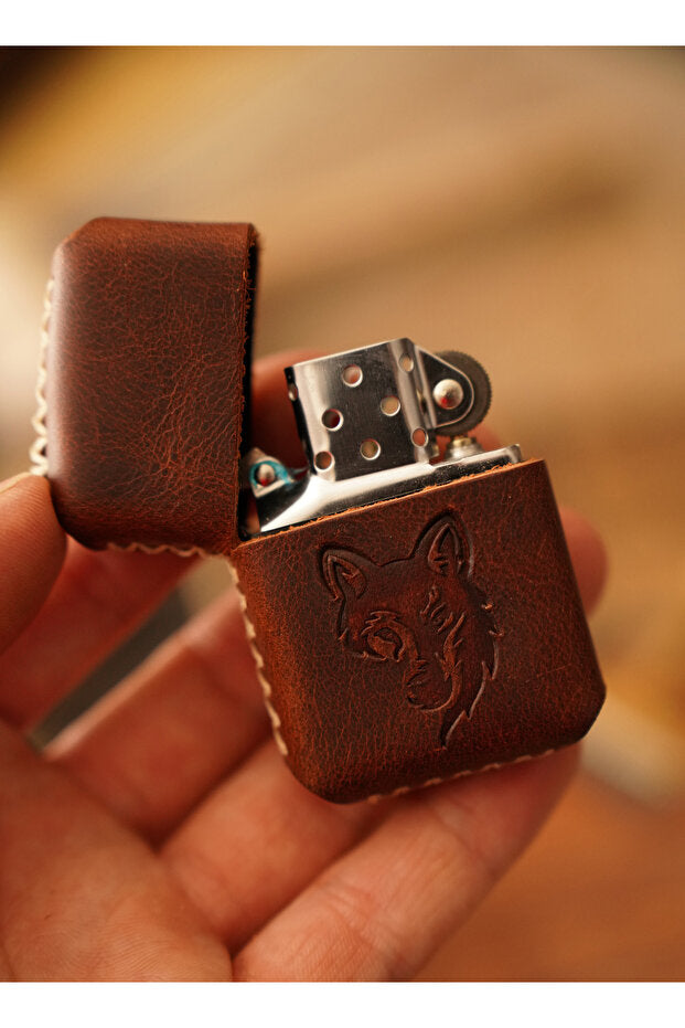 Handmade Genuine Leather Cased Zippo-Style Lighter with Wolf Design