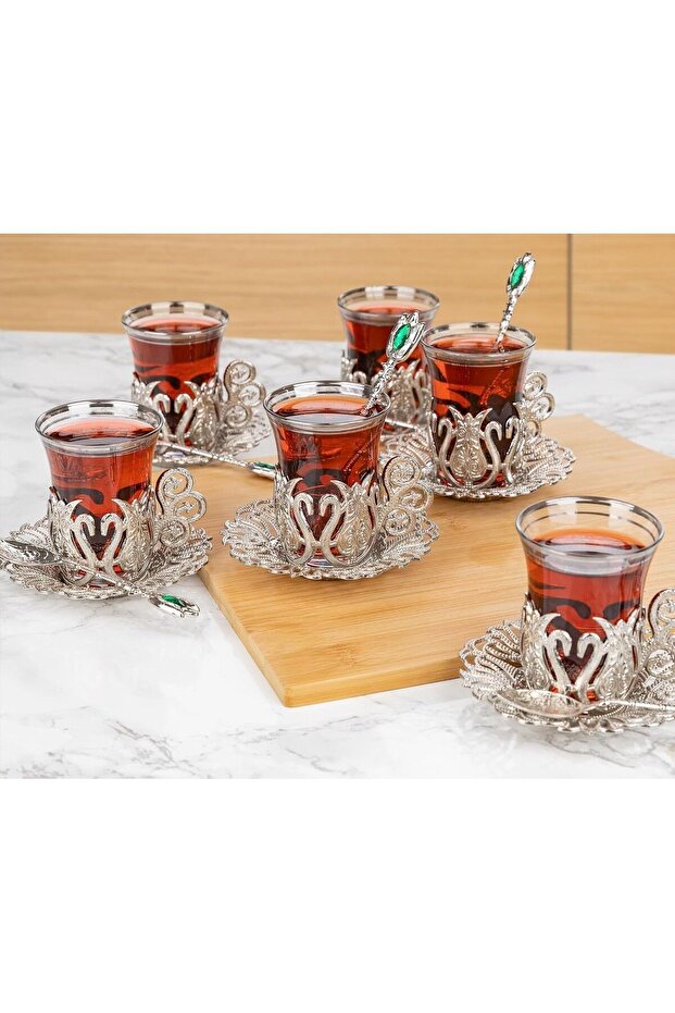 Premium Turkish Tea Glass Set with Ottoman Motif & Spoons - 6 Piece