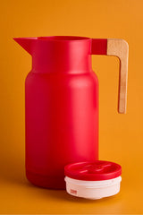 Nordic Bamboo Handle Glass Vacuum Thermos - 1000ml Red