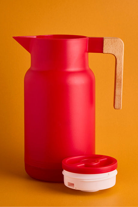 Nordic Bamboo Handle Glass Vacuum Thermos - 1000ml Red