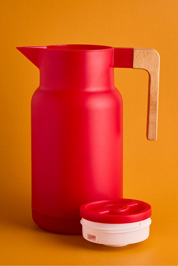 Nordic Bamboo Handle Glass Vacuum Thermos - 1000ml Red