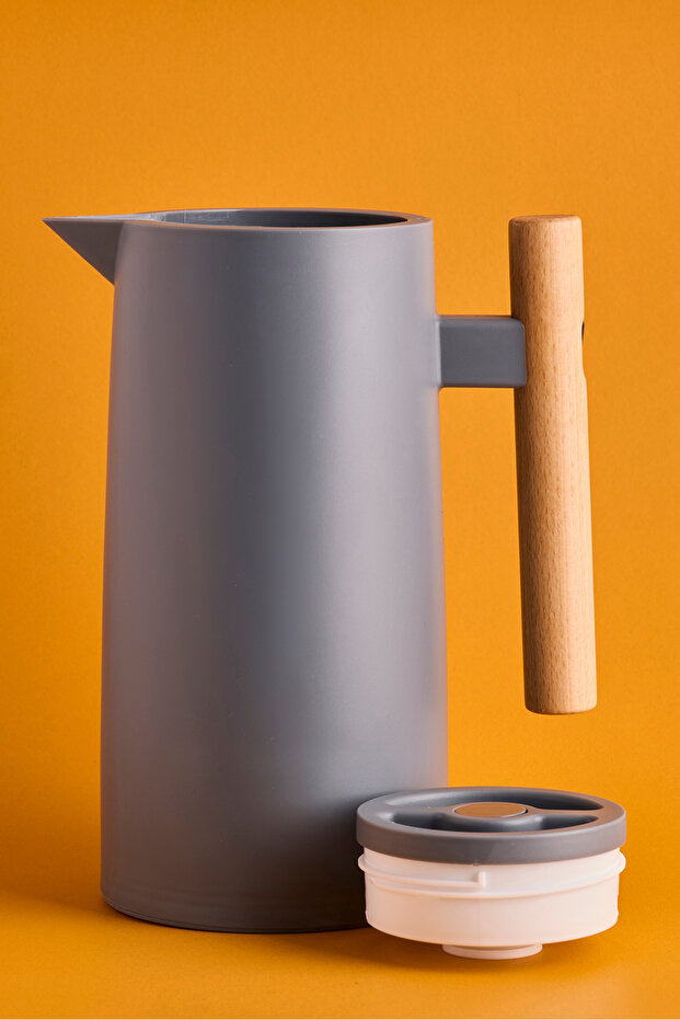 Nordic Bamboo Handle Glass Vacuum Thermos - 1000ml Grey