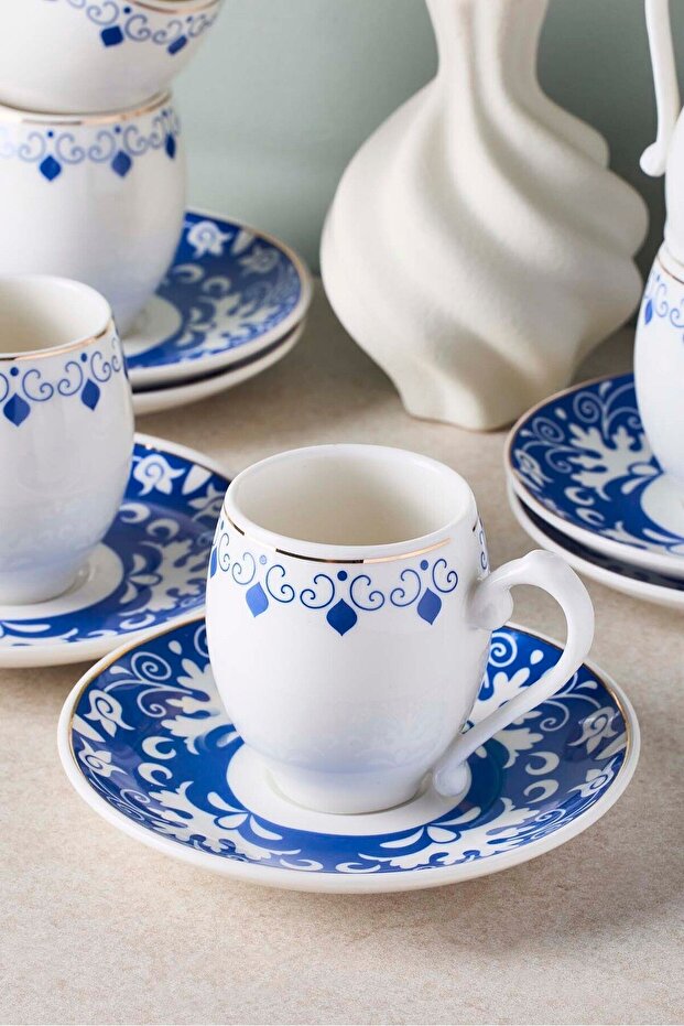 Porcelain Coffee Cup Set - 6 Person, Elegant Blue & Gold Design