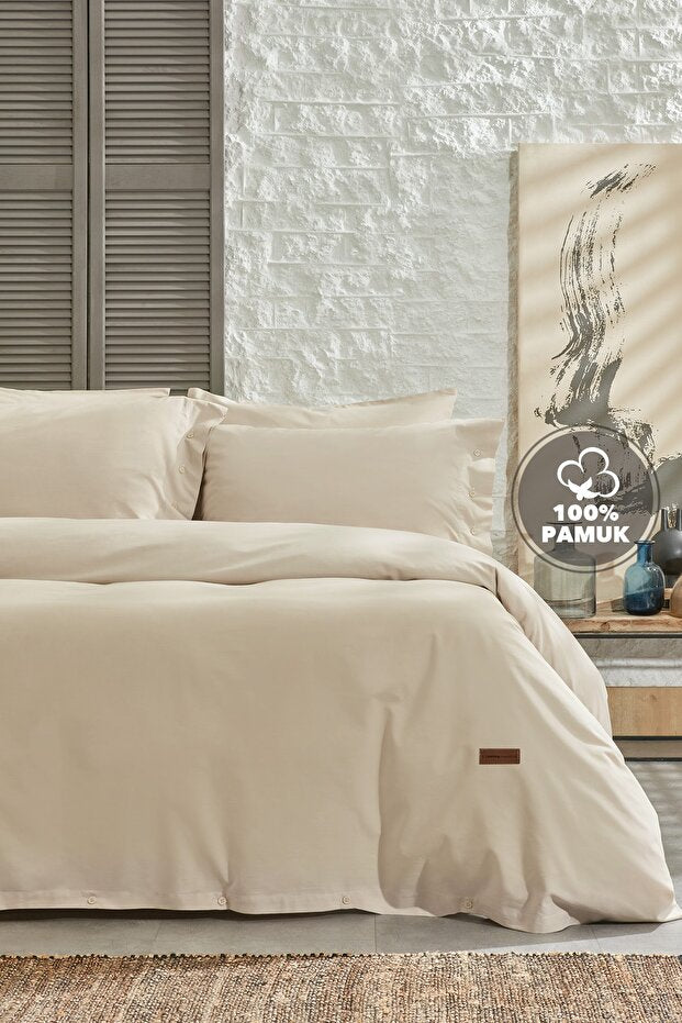 Plain 100% Cotton Ranforce King Size Duvet Cover Set - Beige