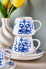 Porcelain Coffee Cup Set with Blue & Gold Motifs - 6 Person, 100ml
