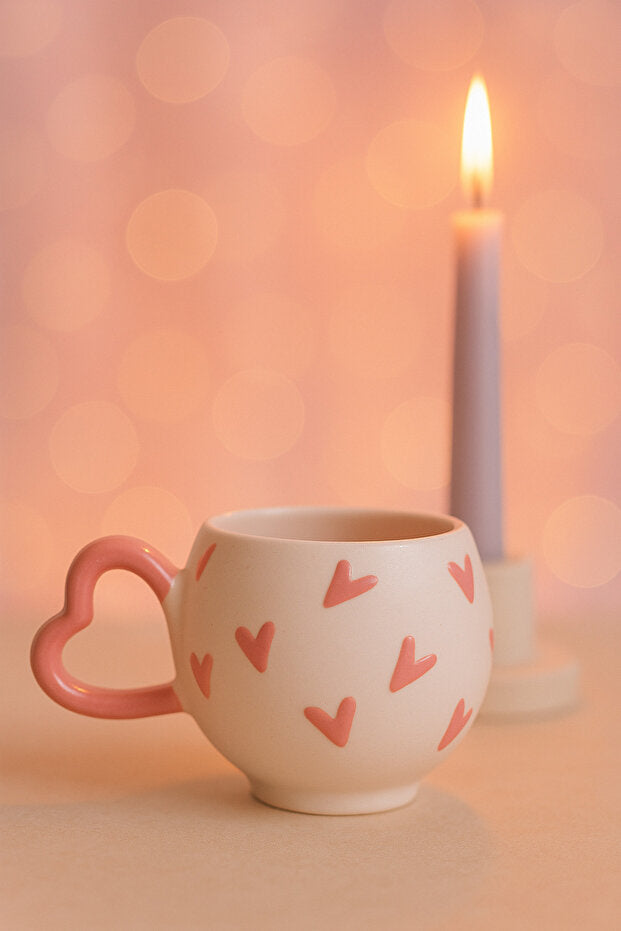 Heart Handle Pink Embossed Ceramic Mug - Handmade, 200ml