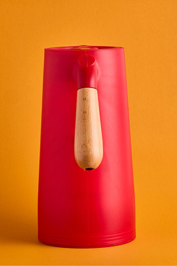Niva Nordic Bamboo Handle Glass Vacuum Thermos - 1000ml Red