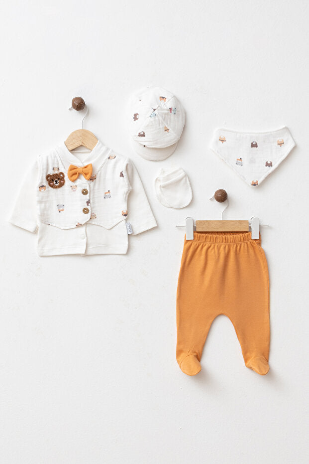 Newborn 5-Piece Muslin Cotton Baby Set - Bear Embroidery