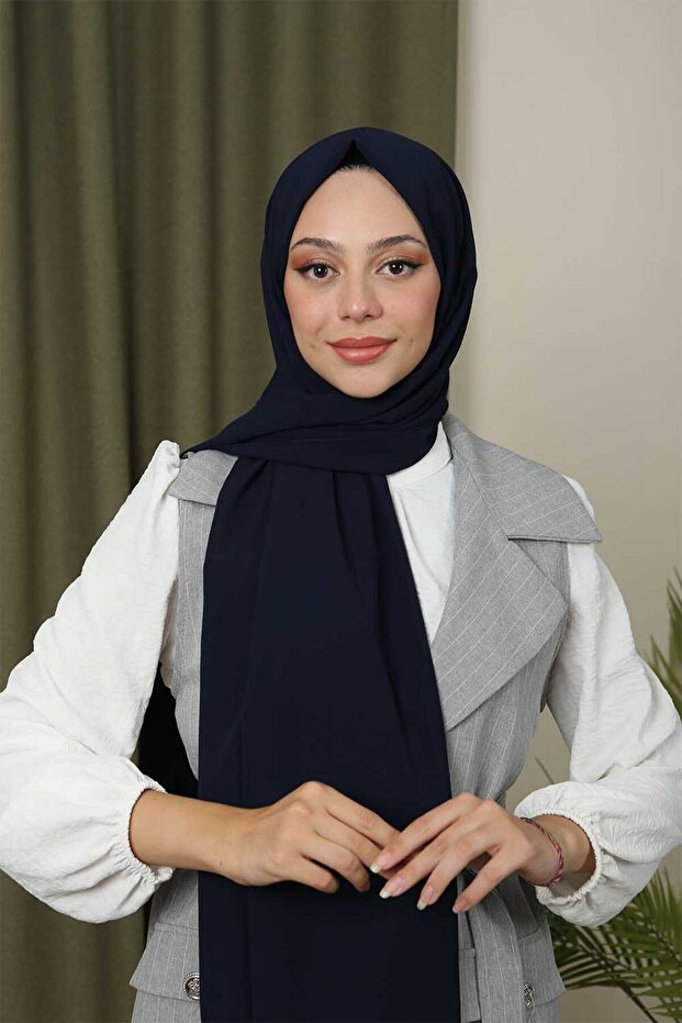 Women's Luxury Medina Silk Shawl - Navy Blue, Wrinkle-Free
