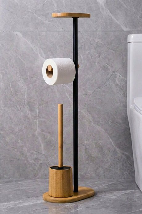 Freestanding Bamboo & Black Metal Toilet Paper Holder with WC Brush
