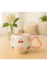 Handmade Ceramic Mug with Heart Handle, Cherry & Daisy Design