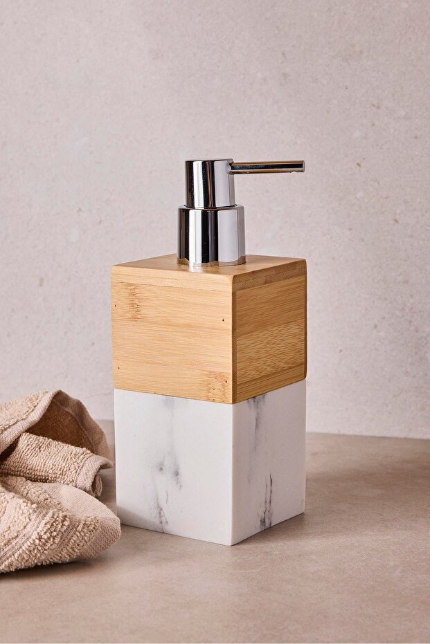 Stylish White Marble & Bamboo Liquid Soap Dispenser for Bathroom
