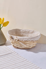 Woven Bread Basket with Removable Linen Liner - 22x15x9 cm