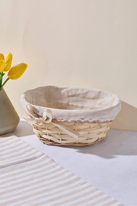 Woven Bread Basket with Removable Linen Liner - 22x15x9 cm