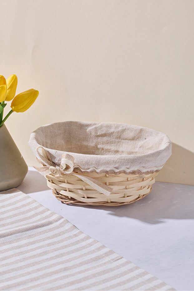 Woven Bread Basket with Removable Linen Liner - 22x15x9 cm