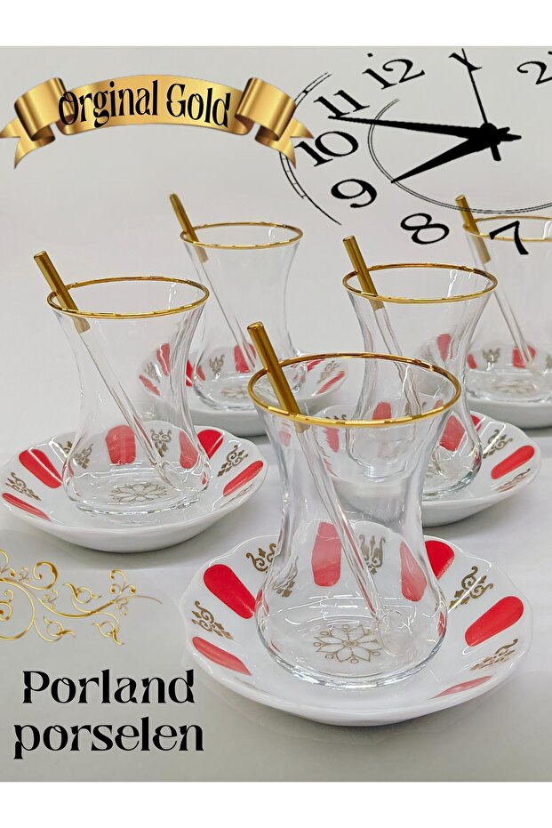 Juego de té de porcelana y vidrio rojo dorado de lujo Samsa - 6 personas