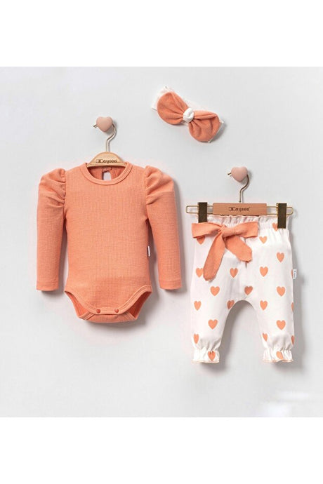 Baby Girl Heart Print 3-Piece Bodysuit & Pants Set with Headband
