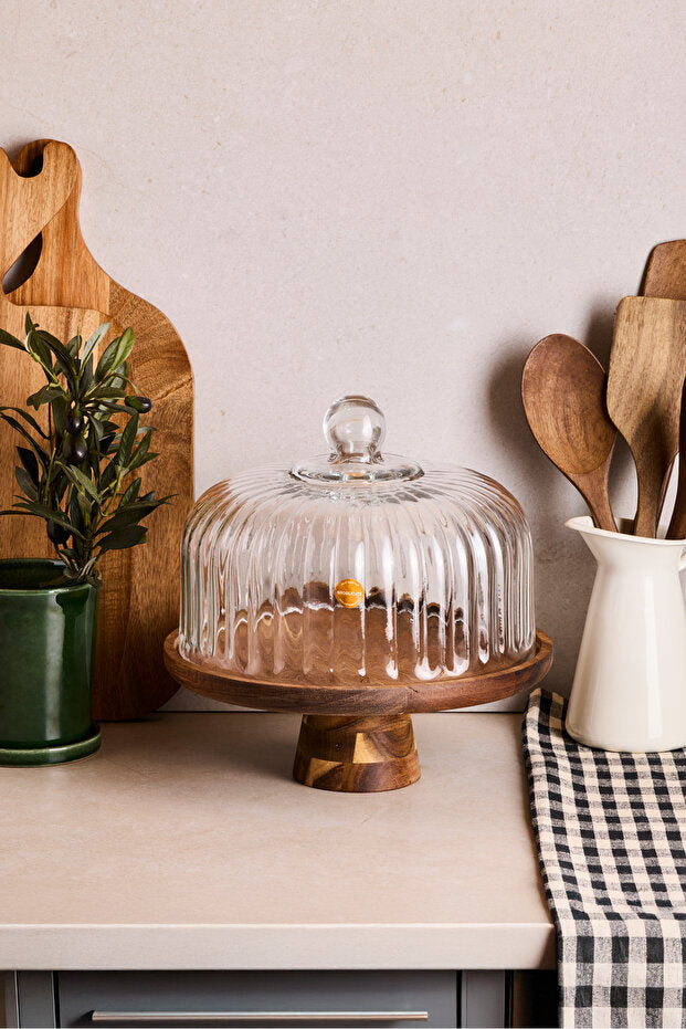 Acacia Wood & Glass Cake Dome with Stand - 25 cm