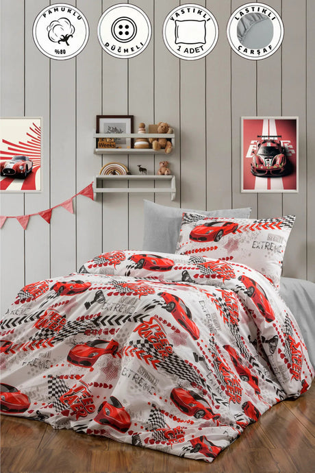 Single Car Print Duvet Cover Set with Fitted Sheet