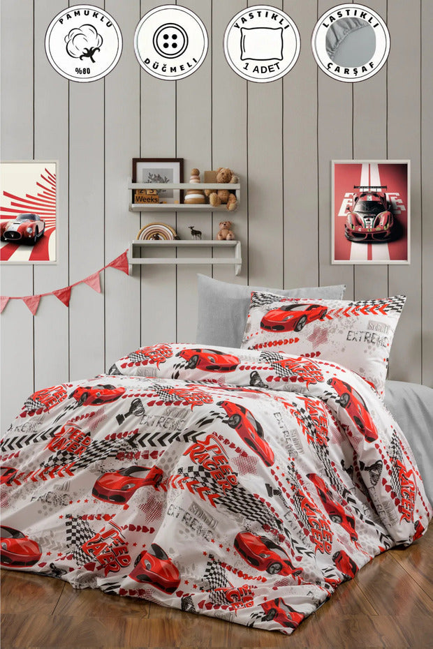 Single Car Print Duvet Cover Set with Fitted Sheet