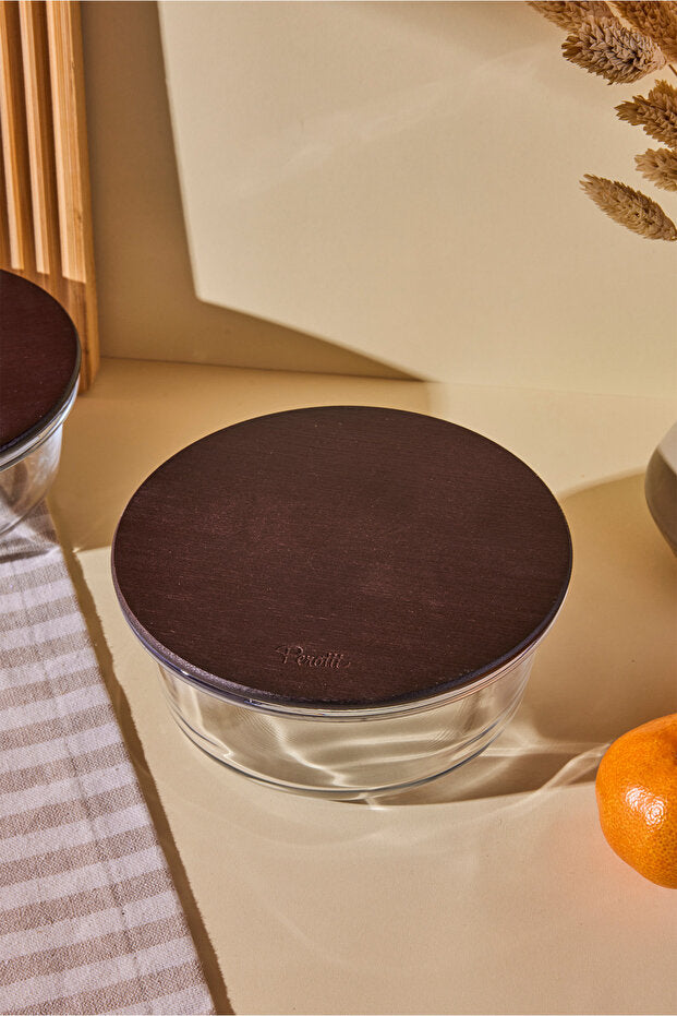 Round Glass Food Storage Container - 640ml Wood Lid