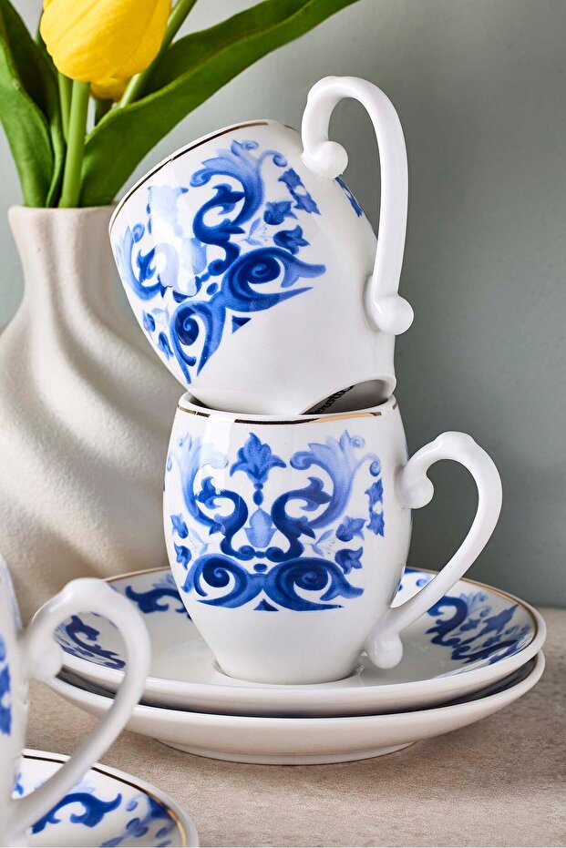 Porcelain Coffee Cup & Saucer Set - Blue Pattern, 6 Person (100ml)