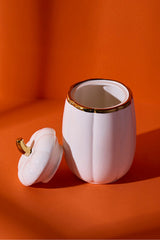 White Porcelain Pumpkin Lidded Jar with Gold Accent - 18x11 cm