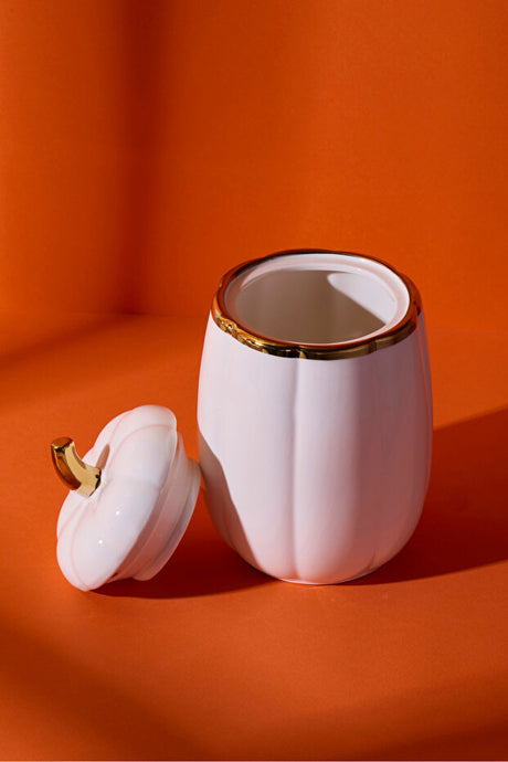 White Porcelain Pumpkin Lidded Jar with Gold Accent - 18x11 cm