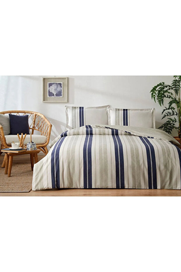 Marine Line Single Duvet Cover Set - 100% Cotton, 160x220 cm