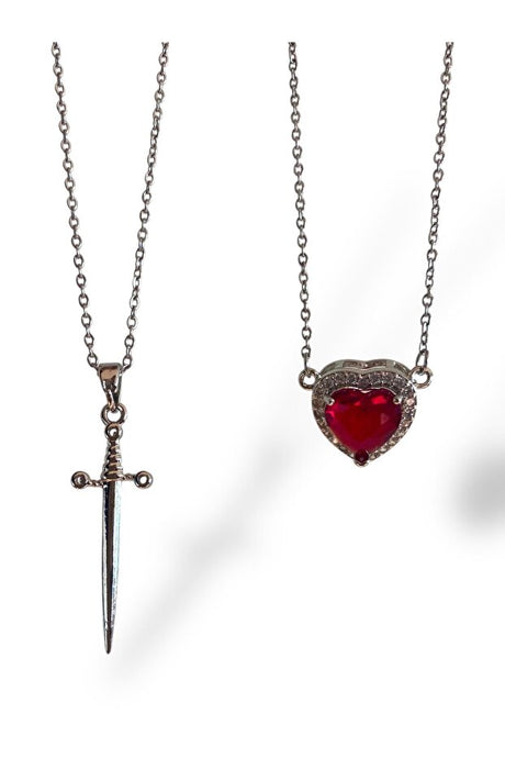 Couple's Heart & Sword Necklace Set - Stainless Steel, 40-45cm
