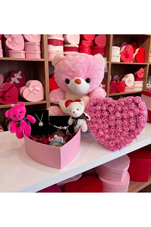 Deluxe Romantic Gift Set: Plush Bears, Jewelry, Snow Globe, Roses