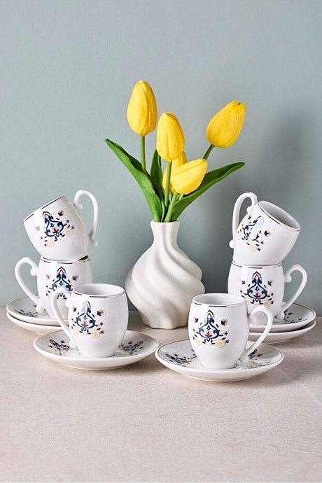 Porcelain Coffee Cup & Saucer Set - 6 Person, Traditional Motif