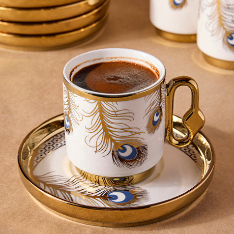 Porcelain Peacock Pattern Coffee Cup Set for 6 People