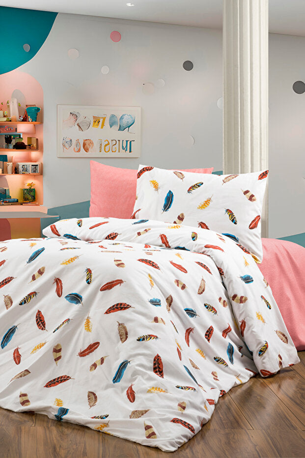 Single Duvet Cover Set - Feather Pattern & Fitted Sheet
