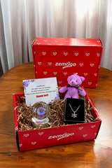 Heart Box Gift Set with Teddy Bear, Saturn Snow Globe & Lotus Necklace
