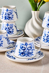 Porcelain Coffee Cup Set with Blue & Gold Motifs - 6 Person, 100ml