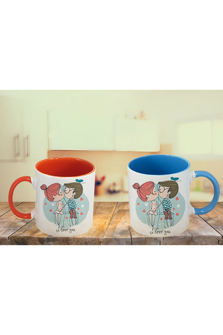 Couple 'I Love You' Printed Ceramic Mug Set with Colorful Handles