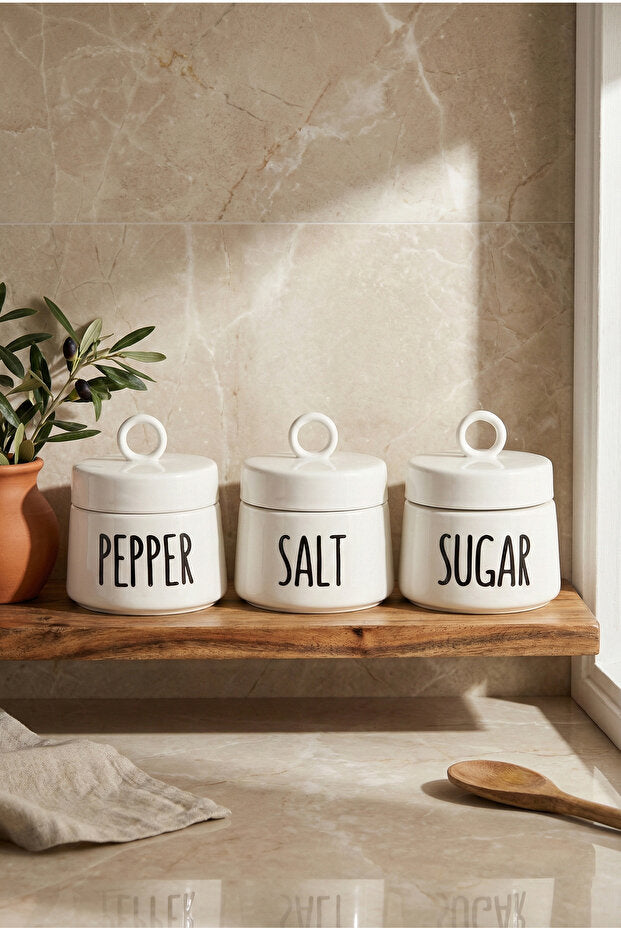 Porcelain Round Ergonomic Spice Canister Set - Pepper, Salt, Sugar (3-Piece)