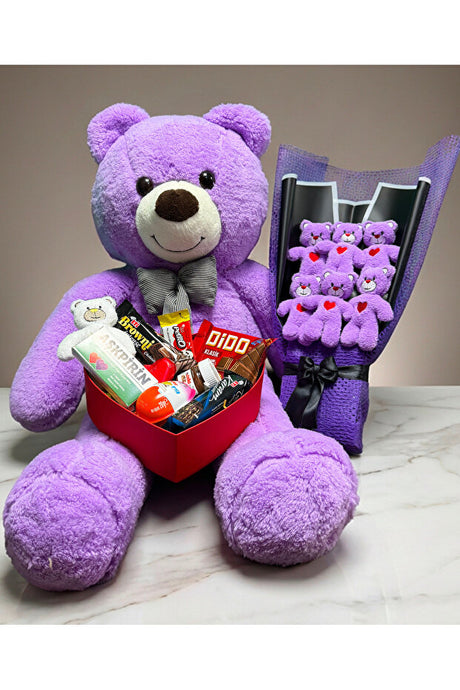 90cm Purple Plush Bear Gift Set with Chocolates & Mini Bear Bouquet