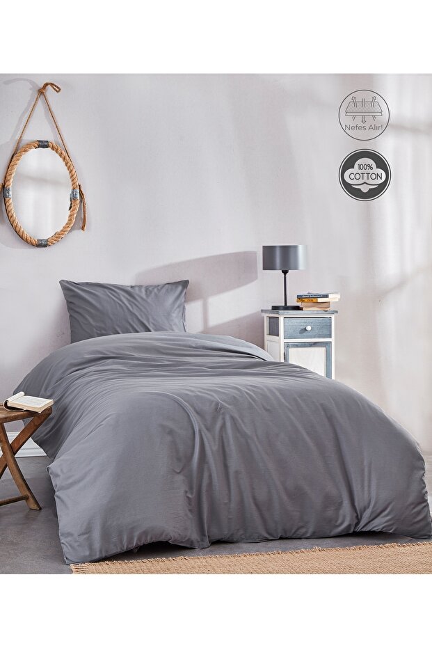 Grey 100% Cotton Single Size Duvet Cover Set