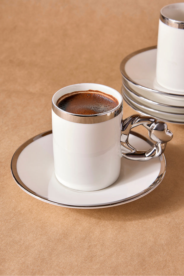 Elegant 6-Person Porcelain Coffee Cup Set with Silver Handles