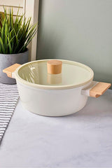 CookWood Beige 20cm Ceramic Deep Pot with Induction Base & Wooden Handles