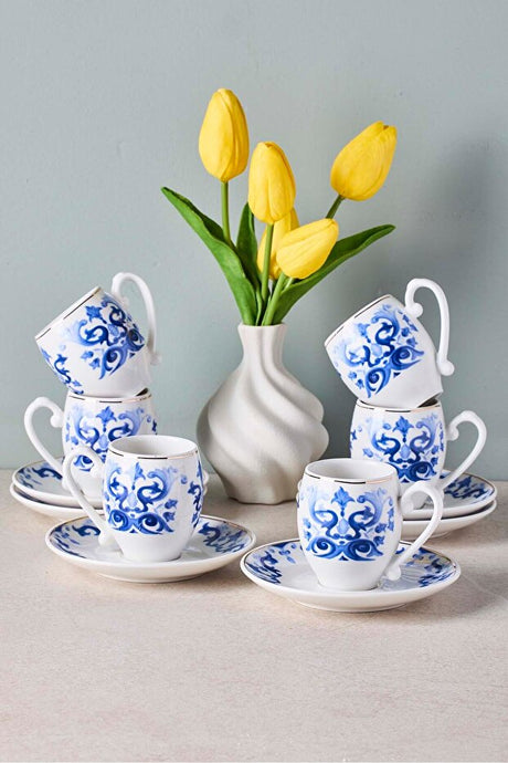 Porcelain Coffee Cup & Saucer Set - Blue Pattern, 6 Person (100ml)