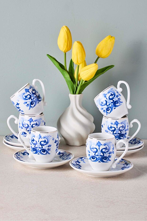 Porcelain Coffee Cup & Saucer Set - Blue Pattern, 6 Person (100ml)